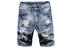 New Summer Fashion Men's Denim Shorts High Street Style Solid Drawstring Closure Distressed Ripped 100% Cotton OEM Service Best