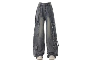 Women's High Waist Wide Leg Baggy Gray Denim Jeans Casual Vintage Breathable Eco-Friendly Full Length Streetwear Distressed Bow