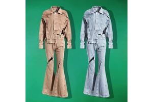 Denim Suit Asymmetric Cutout Women's Denim Short Jacket Flared Pants Two Piece Set