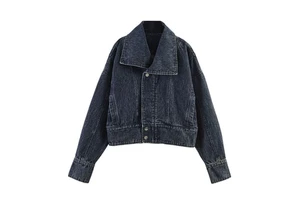 Custom Women's Cropped Denim Jacket Vintage Washed Blue-Black Jean Coat with Wide Lapel Collar