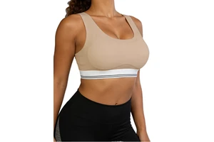 Women's Beige Racerback Sports Bra With White Stripe Medium Support Yoga Athletic Wear Seamless Breathable Design