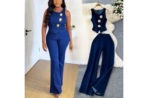 6631 Fashion Women's Denim Sets Sleeveless Metal Buckle Denim Tops and Wide Leg Jeans Pant 2 Piece Set Pants Set With Zipper