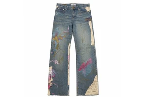 Custom Printed Men's Baggy Designer Denim Jeans Vintage Washed Straight Leg Pants Artistic Graphic Streetwear Embroidery Button