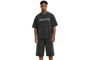 Vintage Ripped Layered Denim Cropped Shorts 100% Cotton Hip Hop Eco-Friendly Anti-UV Loose Straight Men's Running Set
