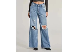 Direct Factory Supply Custom Women's Breathable Straight-Leg Casual Denim Jeans Wide-Leg Distressed Design
