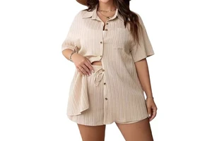2025 Women's New Summer Plus-Size Suit Stylish Casual Short Top Two-Piece Set with Solid Pattern European American Apparel