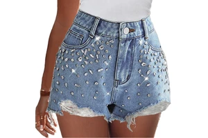 Women's High Waist Ripped Denim Shorts Summer Blue with Rhinestones Breathable Casual Style Wholesale Clothing