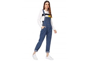 Womens Casual Bib Straight Leg Denim Jean Overall Jumpsuit with Pocket