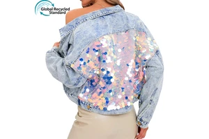 Custom Women's Oversized Vintage Denim Jacket Long Sleeve Cropped Coat With Fringe Sequin Embroidered Design