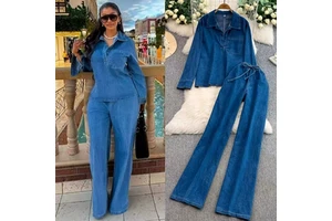 Suit for Women Long Sleeve Lapel Pocket Top + Lace up Straight Jeans Set Outfits for Women Denim Set for Ladies