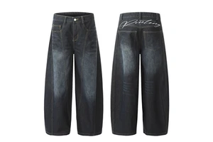 New Styles Patchwork Jeans Personalized Wide Leg Curved Knife Jeans Trousers for Men Straight Loose Medium Washed Denim Pants