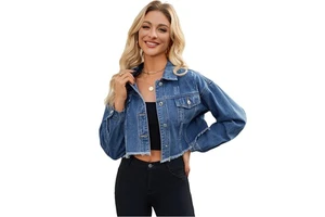 Women's Autumn/Winter Regular Fit Button Cropped Distressed Frayed Denim Jacket Waterproof Windproof Casual