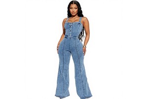 Women's Vintage Summer Street Wear Jumpsuit High Waist Sleeveless Flare Denim Overalls Button Decoration Washed Solid Pattern