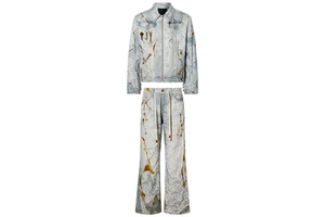 Custom Women Burn-out Lace Patchwork Denim Jacket and Jeans Set Vintage Key Graphic Printed Distressed Two Piece Denim Outfit