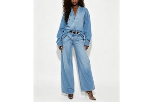 Clean Fit Denim Set Women Oversized V Neck Top Wide Leg Jean Pants Undefined Abbigliamento Donna Clothing Manufacturers