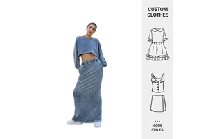 Customized Fashion Vintage Denim Long Round Neck Top With Same Color Long Skirt Two Piece Women's Daily Suit