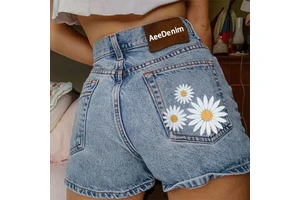 Women's Straight Denim Shorts with Printed Pockets Cropped Resort-style Streetwear Cute Summer Shorts