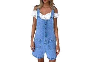 Women's Vintage Washed Denim Overall Shorts Sleeveless Button Front Romper with Pockets, Light Blue Bermuda Jumpsuit for Summer
