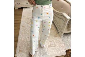 Custom Women's Pastel Polka Dot Comfort Stretch Wide Leg Jeans High Waisted Raw Hem Flare Denim Pants Manufacturer