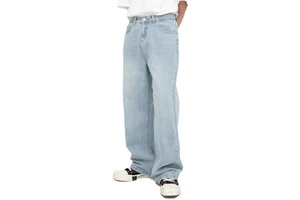 Custom Loose Fit Light Blue Wash Denim Plus Size Wide Leg Baggy Jeans Man