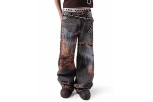 Men'S Designer Heated Heavy Vintage Retro Style Baggy Wide Leg Plus Size Full Printed Denim Jeans Selvedge Denim Pants For Men