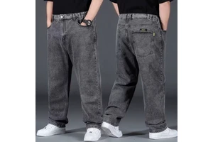 Ohsisa 2026 Men's Autumn New Loose Straight Plus Size Denim Jeans Trousers Wide Leg Elastic Waist Solid Color Long Pants