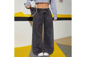 Custom Tween Girls Wide Leg Pants Street Style Black Loose Denim Pants Children's Drawstring Waist Casual Trousers Customized