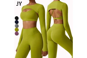 Joyyoung New Autumn and Winter Fashion Gym Wear Women Tights Crop Top 4 Pieces Seamless Long Sleeve Fitness Yoga Set