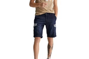 Men's Dark Wash Denim Cargo Shorts Mid Waist Cotton Casual Summer Style With Pockets Breathable Woven Fabric