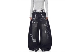 High Street Textured Washed Hip-Hop Straight Denim Cotton Jeans Women Fashion Brand Loose Wide-Leg Jeans