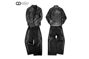 Factory Direct Custom Men's Denim Jacket & Jeans Set High Quality Breathable Y2K Style Spring Hooded Knitted Two Piece OEM