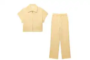 2025 New Summer Leisure Women's Plus Size Set 100% Cotton Black Two-Piece Slim Lapel Zipper Short Sleeve Coat & Wide Leg Pants