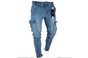 Stylish Men's Plus Size Mid Softener Straight Distressed Denim Slim Fit Jeans Zipper Pockets Washed Stretchy Knee Logo