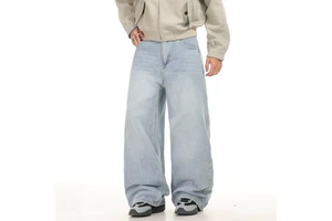 Loose Fit Light Blue Wash Denim Plus Size Wide Leg Baggy Jeans Man