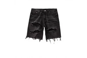 High End Customized Men's Denim Shorts, Fashionable Shorts with Straight Leg Holes and Knee Length Worn-out Denim Shorts