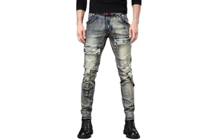 Vintage Distressed Men's Heavy Washed Denim Workwear Slim Tapered Raw Hem Casual Trousers Summer Pencil Pants Hole Decoration