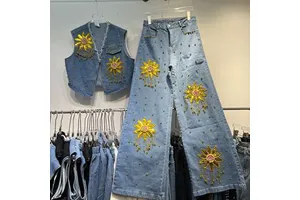 Embroidery Heavy-duty Rivet Design Denim Fringed Jacket + Wide-leg Denim Pants Set