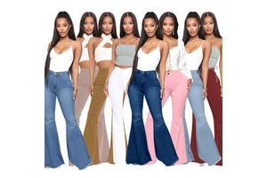 Wholesale Basic Casual Slim Fit Women Jeans High Waisted Flared Pants Plain Denim Trousers