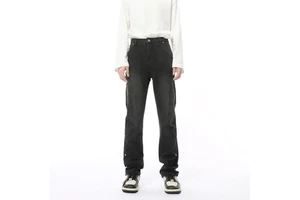 Men's Winter Mid Waist Korean Style Metal Nail Decoration Slimming Straight Denim Trousers Trendy