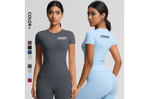 Custom Logo Nylon Spandex Fabric Tight Crew Neck Basic Short Sleeves Yoga Fitness Workout Gym Sports T Shirt