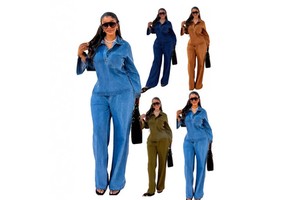Y6561 Trendy Denim Suit for Women Long Sleeve Lapel Pocket Top and Straight Jeans Set Outfits for Women Denim Sets for Ladies