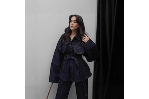 Spring/Summer Popular Temperament Lapel Series Belt Denim Suit
