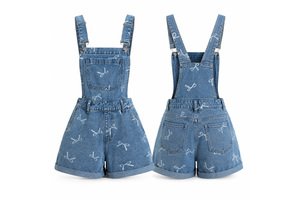 High Waist Women's Denim Overalls Shorts Bow Print Casual Summer Jumpsuit Breathable Woven Cotton Loose Fit Women's Jumpsuits