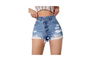 Women Denim Shorts High Waist Fashionable Breathable Super Distressed Women Denim Shorts with Custom Stone Wash