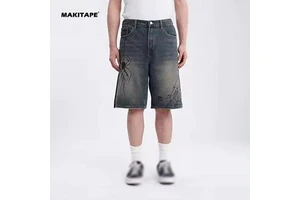 HG319 Retro Vintage Woolen Hip Hop Jeans Shorts Heavyweight Paint Splatters Spider Logo Raw Hem Cut Edge Elastic Waist