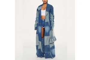 Women Patchwork Denim Maxi Coat Long Frayed Seam Outerwear Blue Two Tone Trench Streetwear Wholesale Retro Jacket