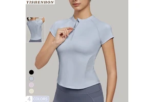 YISHENHON Women's Quick-Dry Yoga T-Shirt Waist Slimming 4-Way Stretch Top Breathable Fabric short Sleeve & Half Zipper