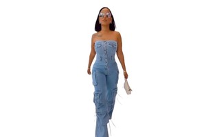 Foreign Trade Sexy Cowboy Tube Top Multi-pocket Overalls Denim Pants Jumpsuit Set Multi-button Women's Clothing