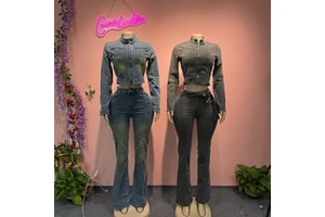 Comeluckin Acid Washed Stretch Denim Fall Women Clothing Cotton 2 Piece Set Long Sleeve Crop Jacket Pants Suit Spring Outfits
