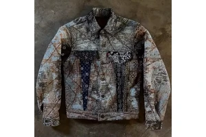 Custom Handmade Heavy Distressed Plus Size Acid Wash Vintage Embroidery Snake Skin Men's Denim Jean Jacket